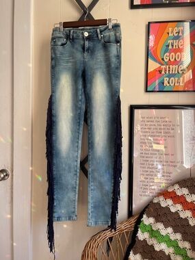 Vintage Blue Fringe-Trim Skinny Jeans - Women
